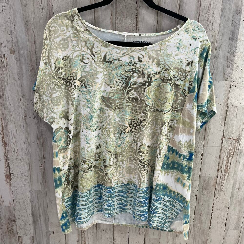 Zenergy By Chicos Teagan Blue White Green Mixed Print Tshirt Size 2 Large
